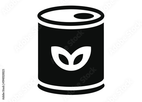 A black and white glyph icon of a cylindrical metal tin can featuring a central logo with two symmetrical leaves on its front surface.