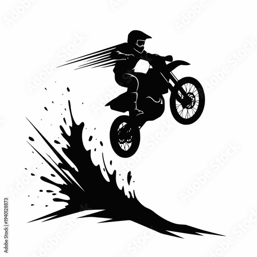 Rider jumps with dirt bike in mid-air, performing stunt, dynamic motion, outdoor terrain, freestyle motocross