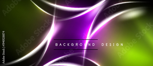 Abstract vibrant design features flowing lines, purple center, green edges. Dark background enhances luminosity, creating dynamic visual effect.