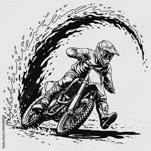 Rider in Action on Dirt Bike Turning Sharply with Splashing Dirt around, Illustrated Scene from a Dynamic Angle