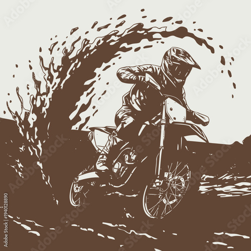 Rider on dirt bike performing jump in mid-air, viewed from side, dynamic motion illustration