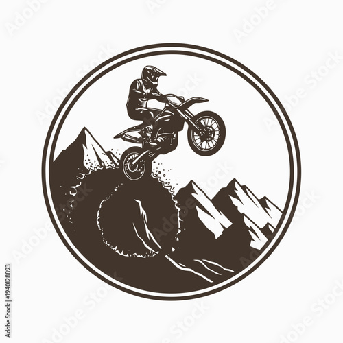Motorcyclist in mid-air jump over rugged mountains, vector illustration, landscape view
