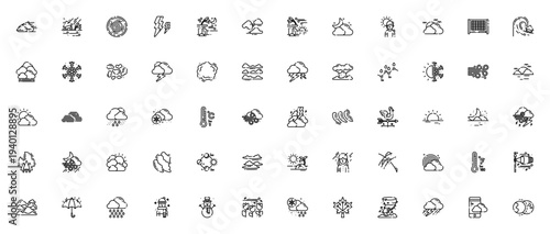 Weather icon set. Vector weather symbols collection. Includes cloud, wind, rain, snow, storm, tornado, cyclone, tsunami, rainbow, temperature and more. Editable thin line icons.