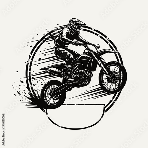Rider performing an action stunt on a dirt bike in a circular frame, showcasing dynamic motion and rider skill