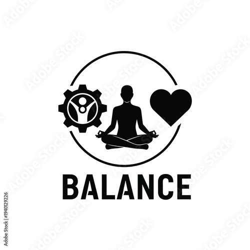 A black silhouette of a person meditating within a circular design incorporating gears a heart and the word balance high quality professional detailed modern