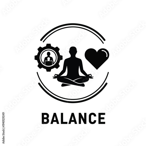 A stylized black and white image depicts a meditating figure within a circular design incorporating gears and a heart high quality professional detailed modern