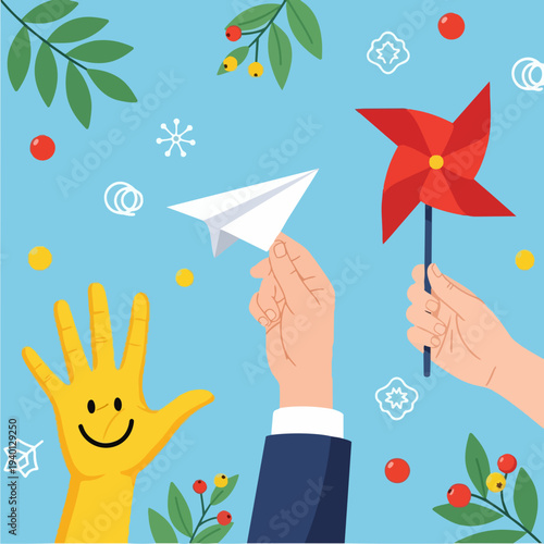 Hands holding paper airplane and pinwheel with smiley face on palm.