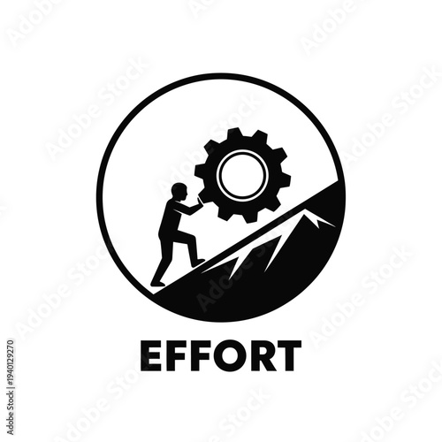 A silhouetted figure pushes a large gear uphill representing the hard work and determination needed for progress high quality professional detailed modern elegant stylish