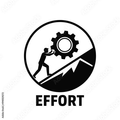 A stark black and white illustration depicts a person straining to push a large gear uphill symbolizing effort and overcoming obstacles high quality professional detailed modern