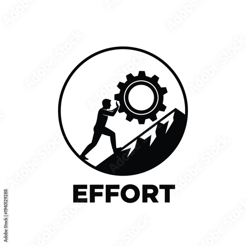 A silhouetted figure strains to push a large gear uphill representing hard work and the effort needed to overcome obstacles high quality professional detailed
