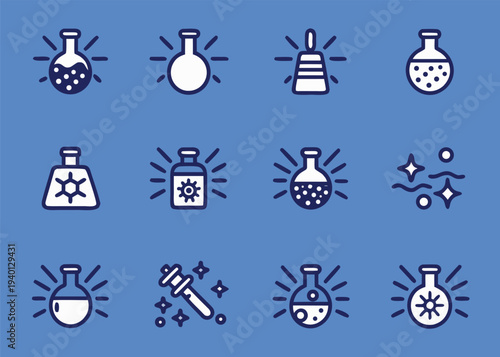 A collection of twelve laboratory equipment and magic potion icons is displayed in a grid pattern on a solid blue background.