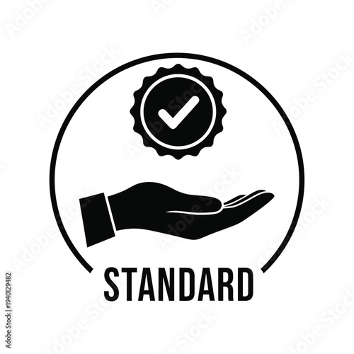 A black and white graphic depicts a hand gently holding a badge with a checkmark signifying a quality standard high quality professional detailed modern elegant stylish