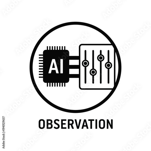 A black and white graphic depicts artificial intelligence components including a microchip sliders and the letters ai within a circle high quality professional detailed modern elegant