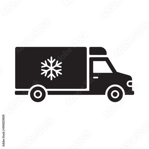 A simple black silhouette of a refrigerated delivery truck with a snowflake