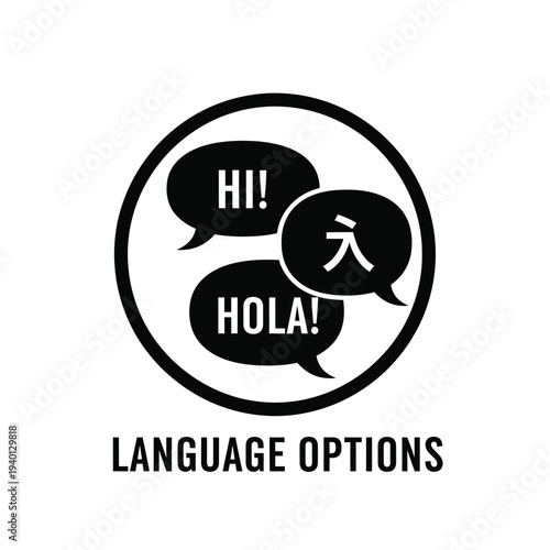 A circular icon features speech bubbles displaying greetings in english spanish and chinese alongside the text language options high quality professional detailed modern elegant