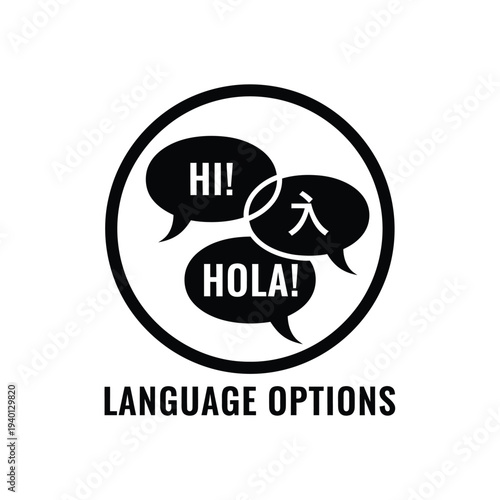 A black and white circular graphic displays three speech bubbles containing greetings in english spanish and chinese high quality professional detailed modern elegant stylish clean crisp