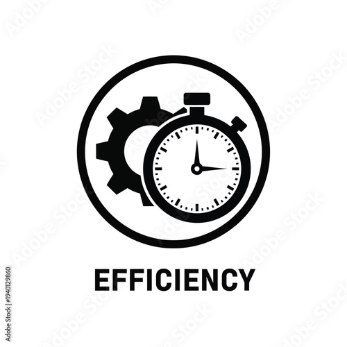 A graphic illustration displays a black stopwatch integrated with gear mechanisms encircled within a bold black border alongside the text efficiency high quality professional