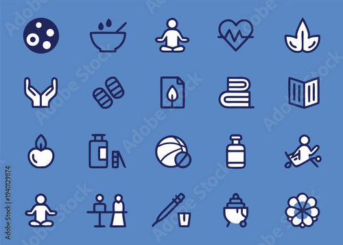 Twenty blue and white thick-line icons for health, wellness, and self-care activities are presented on a solid blue background.