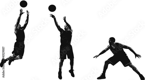 Dynamic Silhouettes of Basketball Players Shooting and Dunking with Ball on Solid Background for Sports Design