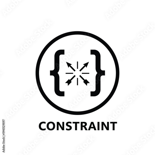 A stark black and white graphic depicts curly braces with radiating lines inside a circle accompanied by the text constraint below high quality professional detailed modern