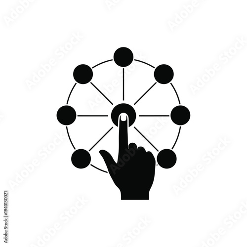 A black silhouette of a hand is shown pressing a central node within a circular network of connected points high quality professional detailed modern
