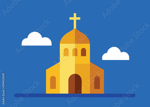 A flat yellow church with three arched windows and a central dome stands against a bright blue sky between two white clouds.