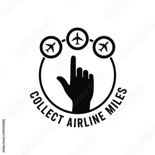A black silhouette depicts a hand interacting with airplane icons connected by a circular path promoting airline miles collection high quality professional detailed modern
