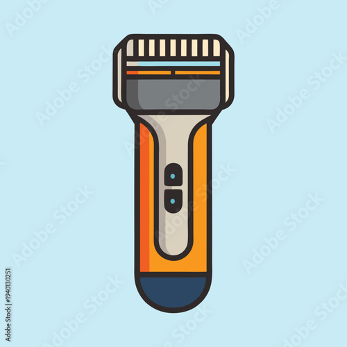 Stylized electric shaver illustration against a light blue background showing grooming appliance