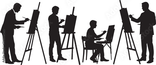 Artist painter silhouettes painting on easel, creative people drawing artwork canvas, art studio painting activity vector set