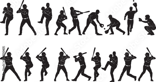 Baseball player action silhouettes set, batter pitcher catcher fielding poses sports team vector collection