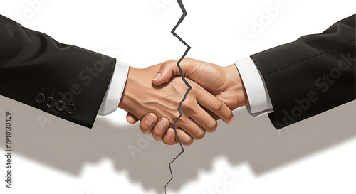 Business partnership breaking apart with cracked handshake illustration