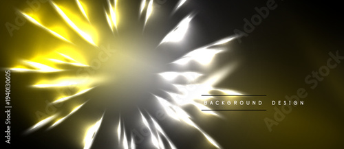 Abstract burst design. Yellow, white light radiates from center. Dark background creates dramatic visual effect. Modern, dynamic composition.