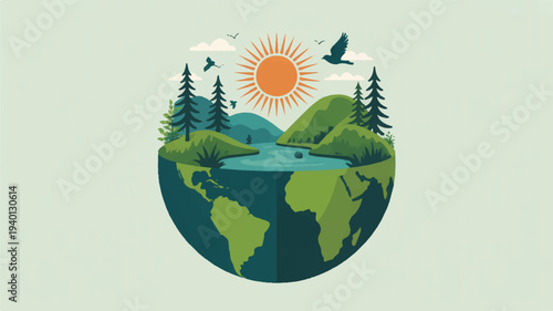 Eco friendly earth with lush green landscape sun trees and birds in flight symbolizing nature and environmental conservation