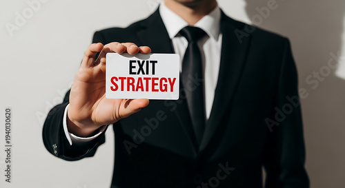 Businessman holding exit strategy card for planning and success