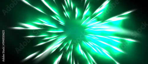Bright green explosion radiates outward. Sharp light streaks emanate from central point, dark background contrasts vivid energy.