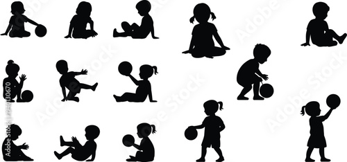Kids playing with ball silhouettes set, children sitting standing and walking poses, cute toddler activities, black vector collection for sport and childhood