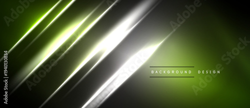 Abstract design features glowing lines, gradients. Dark background contrasts bright streaks, creating dynamic visual effect. Modern, sleek presentation.