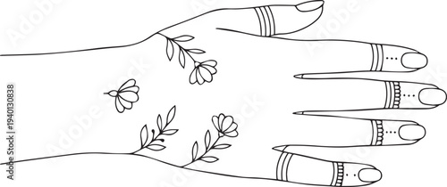 Vector illustration of hand with floral designs and henna patterns