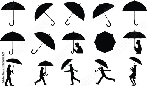Umbrella silhouette set, people holding and walking with umbrella, rain protection poses, black vector collection, weather, safety and outdoor lifestyle concept