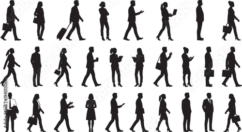 Business people walking silhouettes collection, office workers commuters with bags phones and luggage, urban lifestyle vector set