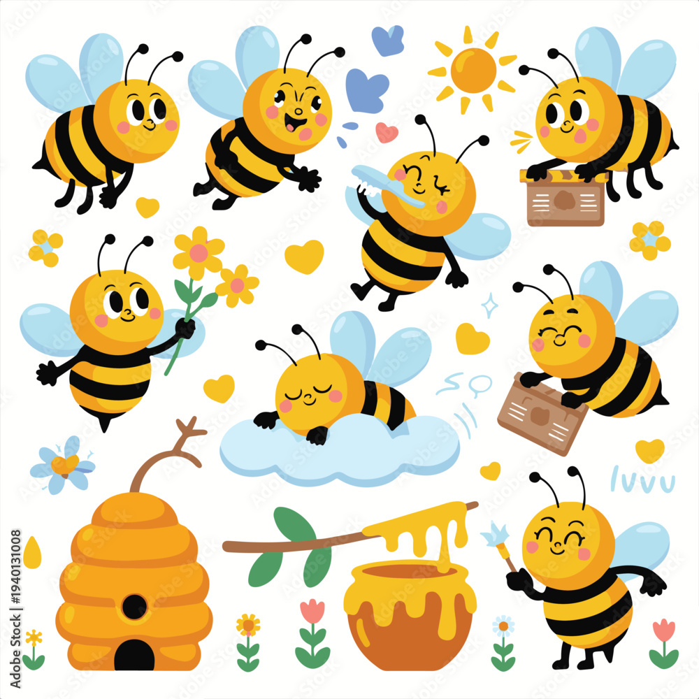 Fototapeta premium Cute Cartoon Bee Character Set with Honey Elements Adorable Honey Bee Vector Illustration Collection, Funny Bee Activities and Poses Flat Vector Pack. 