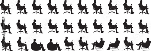 Business people working on laptop silhouettes, office workers sitting chair using computer, remote work vector illustration set