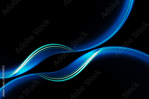 Wallpaper Mural Glowing blue neon lines wave pattern on black background with copy space. 3D fractal render. Torontodigital.ca