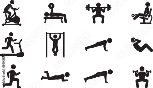 Fitness exercise silhouettes set, gym workout icons collection, running cycling push up weightlifting training vector