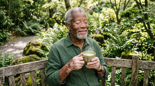 A serene older man enjoys a...