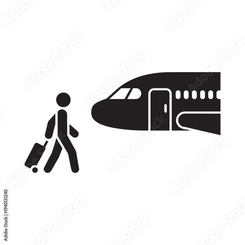 A minimalist illustration depicts a person walking with luggage and an airplane