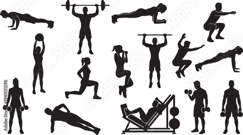 Fitness workout silhouettes set, gym exercise training poses weightlifting push up squat athlete vector collection