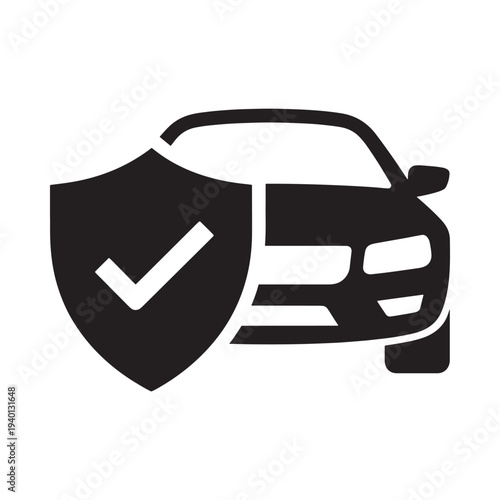 A black and white icon depicting car insurance protection with a shield