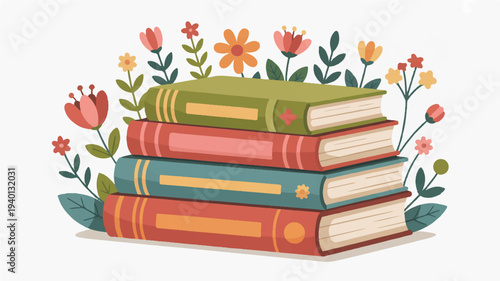 Stack of colorful books with flowers education and learning concept book stack with floral decoration reading and literature