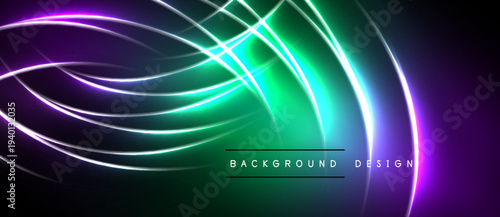 Abstract neon lines create dynamic flow. Vibrant purple, green hues blend into dark background. Modern design element.